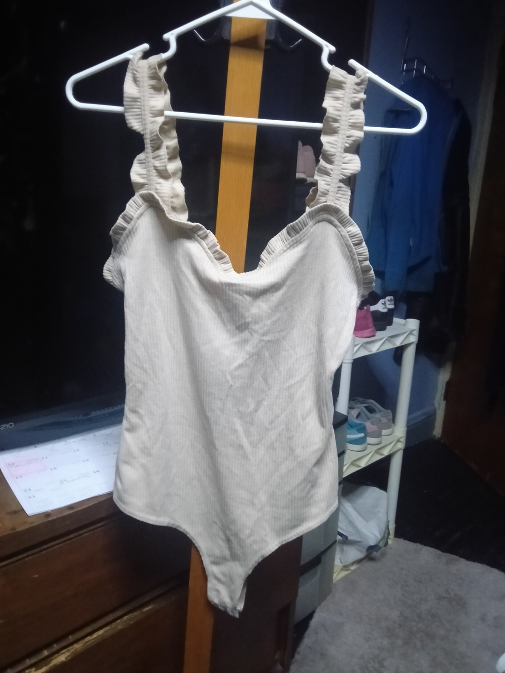 Pink Lily Beige Ruffle Strap Ribbed Bodysuit